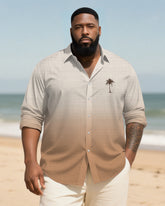 Big & Tall Men's Daily Brown Gradient Coconut Tree Print Long Sleeve Bamboo Hemp Texture Shirt