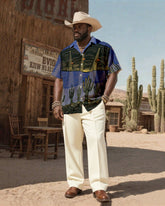 Big & Tall Men's Western Wind Desert Cactus And UFO Print-Cuban Collar Short Sleeve Shirt Pants Suit