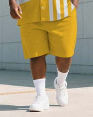 Men's Plus Size Casual Business Yellow Striped Print Shirt Shorts Suit