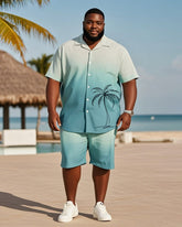 Big & Tall Men's Hawaiian Vacation Blue Gradient Line Coconut Tree Print Shirt Shorts Suit