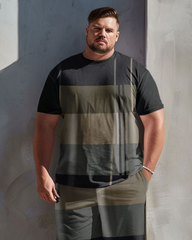 Men's Plus Size Earth Tone Stripe Print T-Shirt Shorts Suit