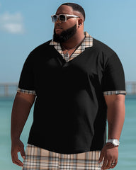 Big Men's Casual Simple Plaid Polo Shorts Set