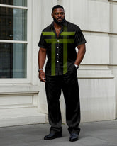 Men's Big & Tall Simple Black & Green Large Plaid Print Short Sleeve Shirt Trousers Set