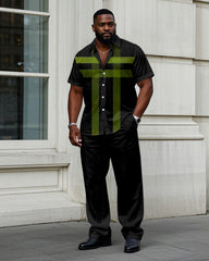 Men's Big & Tall Simple Black & Green Large Plaid Print Short Sleeve Shirt Trousers Set