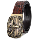 Unisex Western Cow Hide Embossed Leather Ratchet Belt with Automatic Buckle