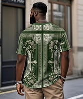 Men's Plus Size Casual Daily Green Vintage Pattern Printed Henry Collar Button Short Sleeve T-Shirt