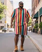 Big & Tall Men's Colorblock Stripe Print Short Sleeve Polo Shirt Shorts Suit