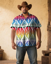 Men's Plus Size Retro Western Denim Rainbow Floral Print Short Sleeve Shirt