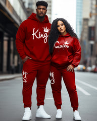 Couple Big Casual Outfit Red King and Queen Hoodie Set