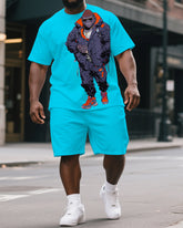 Men's Fashion Jacket Gorillas Cartoon Print Big & Tall Laid-back Short-Sleeve T-shirt & Short Set
