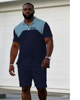 Men's large size Royal Blue & Blue Same Color Superior Splicing Small Label Printing Short-sleeved polo shorts set