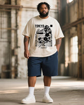 Big & Tall Men's Vintage Japan Tokyo Architectural Printed Round Neck Short Sleeve T-Shirt Shorts Suit