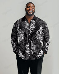 Men's Big & Tall Vintage Luxury Classical Black Print Lapel Long Sleeve Shirt