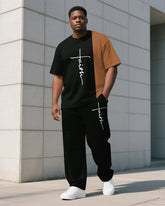 Men's Plus Size Simple Striped Color Block Cross Letter Print T-shirt Trousers Suit
