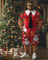 Men's Plus Size Christmas Red Snowman Elk Cartoon Tie Print T-Shirt Shorts Suit