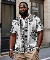 Men's Plus Size White Vintage Pattern Printed Henry Collar Button Short Sleeve T-shirt
