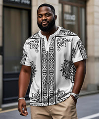 Men's Plus Size White Vintage Pattern Printed Henry Collar Button Short Sleeve T-shirt