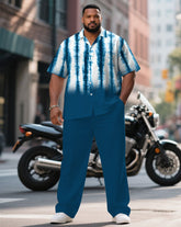 Men's Plus Size Handmade Environmental Tie-Dye Blue Short Sleeve Shirt Pants Suit