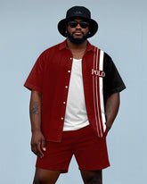 Big Men's Simple POLO Letter & Splicing Color Block Printed Short Sleeve Shirt Shorts Set
