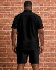 Big & Tall Men's Music Black Patchwork White Printed Short Sleeve Shirt Shorts Set