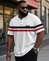 Men's Plus Size Daily Casual Black And Red Stripe Alphabet Print Henry Collar Button Short Sleeve T-Shirt