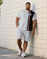 Men's Plus Size Casual Gray & Red & Black Color Matching Chest "POLO" Logo Printed Short Sleeve T-shirt Shorts Suit
