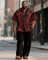 Men's Plus Size Black Red Gradient Painting Letter Print Short Sleeve Shirt Trousers Suit