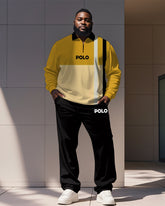 Men's Simple Yellow Stripe Alphabet Print Polo Shirt Zipper Pants Suit