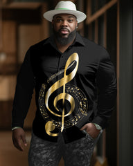 Big Men's Fashion Golden Fun Music Symbols Pattern Printing Lapel Long Sleeve Shirt