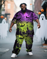 Big & Tall Men's Halloween Purple Green Graffiti Cross Print Short Sleeve Shirt Trousers Suit
