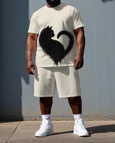 Big & Tall Men's Romantic Cat with Heart Print Casual Short-Sleeve T-shirt 2-Piece Set