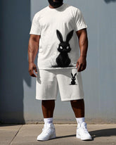 Men's Simple Cartoon Rabbit Print Big & Tall Summer Stretchy Short-Sleeve T-shirt Shorts Set