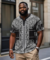 Men's Plus Size Casual Daily Black Vintage Pattern Printed Henry Collar Button Short Sleeve T-Shirt