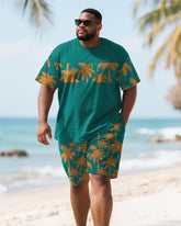 Men's Plus Size Green Color Contrast Coconut Print Round Neck Short Sleeve T-Shirt Shorts Suit