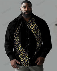 Plus Size Men's Casual Gold Spade Print Lapel Long Sleeve Shirt