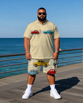 Men's Street Style Artistic Cartoon Car Printed Big & Tall Short Sleeve Polo Shirt Shorts Set
