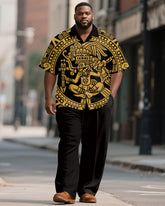 Men's Plus Size Black And Yellow Aztec Ethnic Style Printed Short Sleeve Shirt Trousers Suit