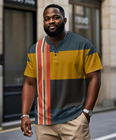 Big & Tall Men's Blue Triple Color Geometric Print Henry Collar Button Short Sleeve T-Shirt
