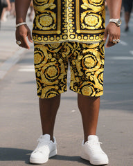 Big & Tall Men's Casual Golden Vintage Flowers Print Shirt Shorts Suit
