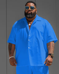 Big Men's Simple Blue Solid Color Short Sleeve Shirt Shorts Set