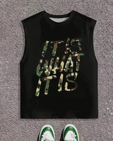 Men's Plus Size Street Fashion It Is What It Is Camouflage Letter Print Round Neck Sleeveless Vest