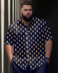 Men's Plus Size Business Simple Diamond Print Short Sleeve Shirt Suit