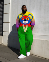 Big Men's Casual Fierce Bear Theme Street Fashion Gradient Effect Long Sleeve Shirt Pants Set