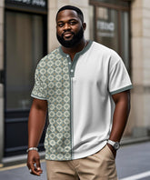 Men's Plus Size Daily Casual Green Stitching Diamond Print Henry Collar Button Short Sleeve T-Shirt