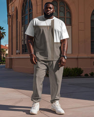 Big Guy’s Khaki Geometric Color Block Print T-shirt Trousers Set