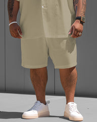 Simple Khaki Solid Color Big Men Short Sleeve Shirt Shorts Set