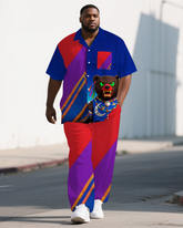 Big Guy's Color Block Cartoon Bear Theme Casual Short Sleeve Shirt Pants 2-Piece Set