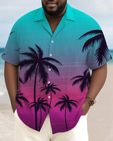 Men's Plus Size Hawaiian Blue Gradient Coconut Tree Print Short Sleeve Slub Shirt