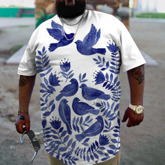 Men's Plus Size Floral Blue And White Porcelain Print T-Shirt