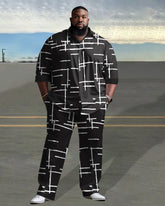 Men's Plus Size Black Irregular Geometric Line Long Sleeve Lapel 2 Shirt Set